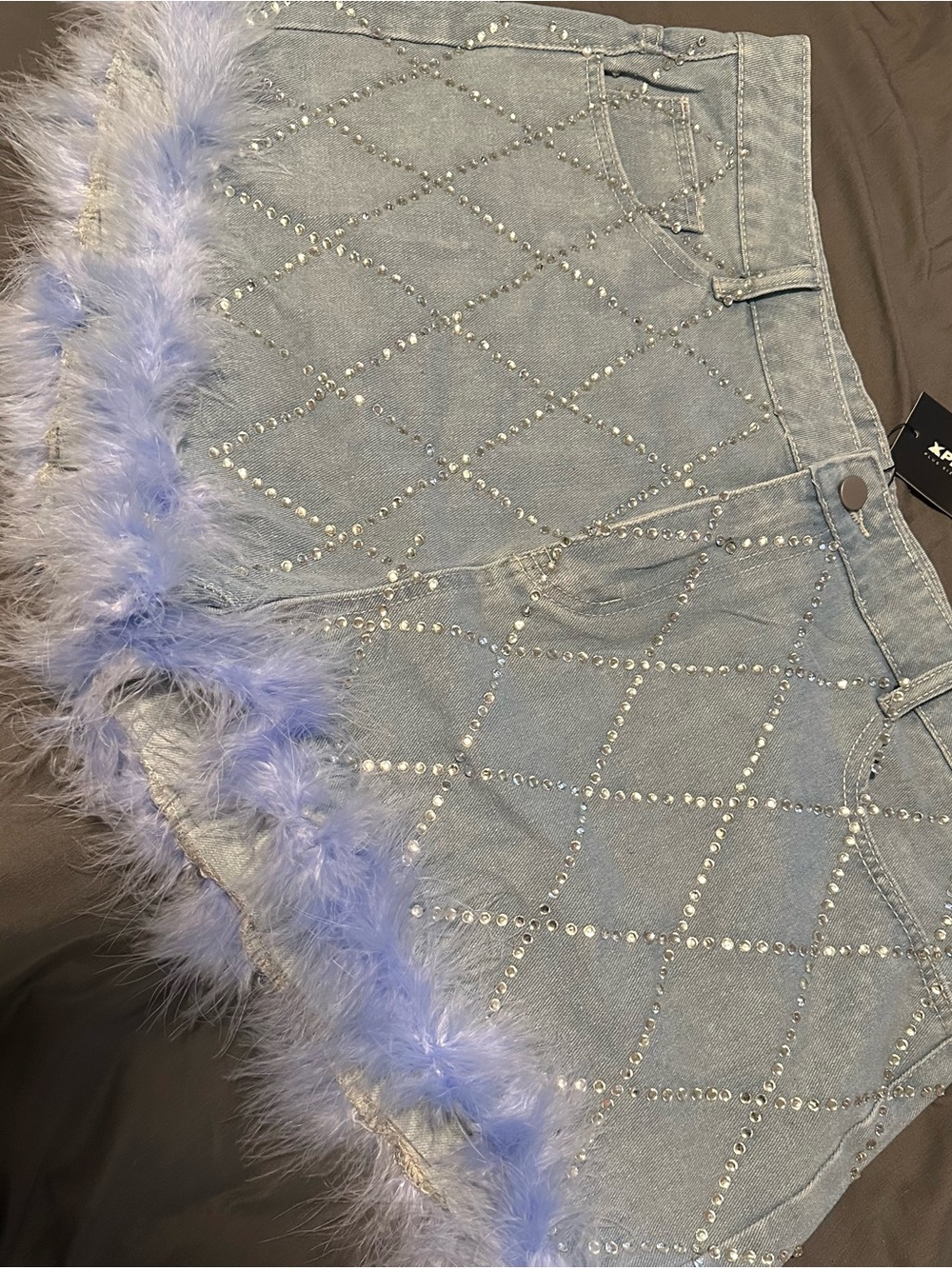 Light Blue Denim Jean Shorts with Rhinestones & Feather Trim